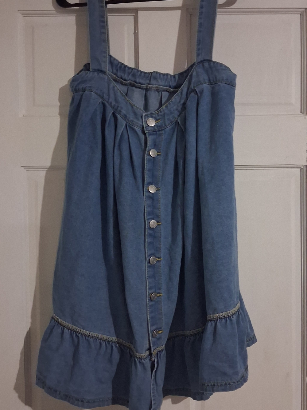 Denim Button-Front Ruffle Mini Dress in Blue Like New